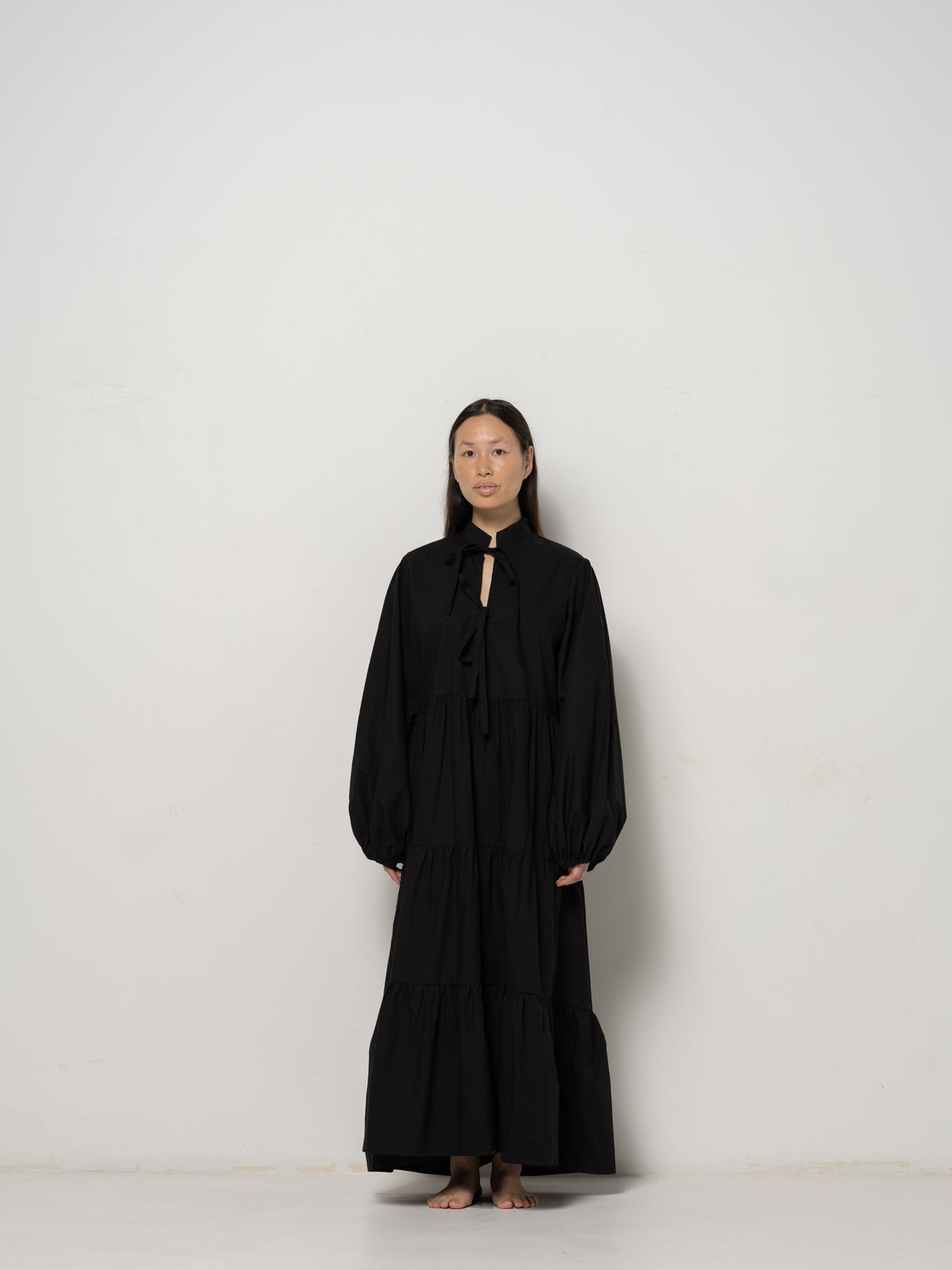 Freja Longsleeve Dress - Black Cotton Poplin Down Proof