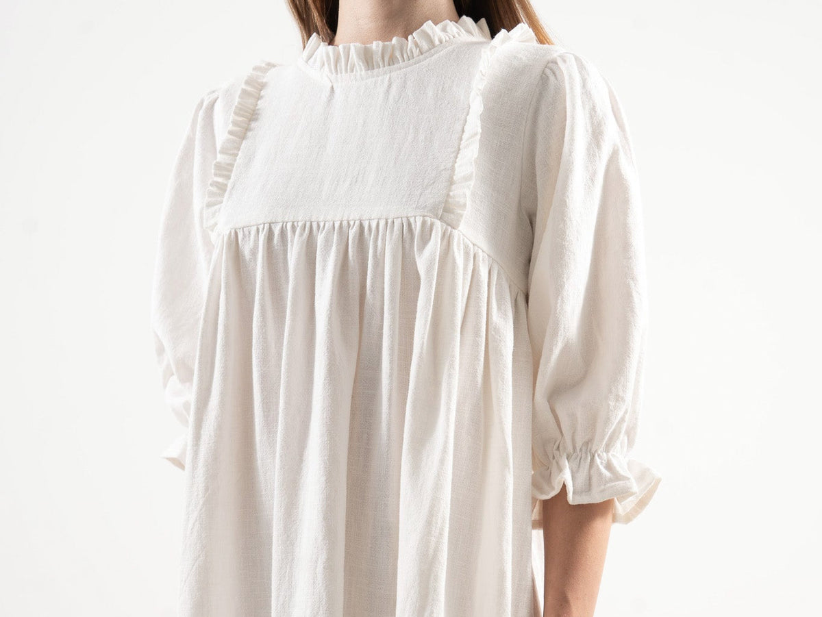 Detailed close-up showing the layered ruffled sleeves and fine cotton fabric texture of the MOCHA La Robe Noblesse dress.