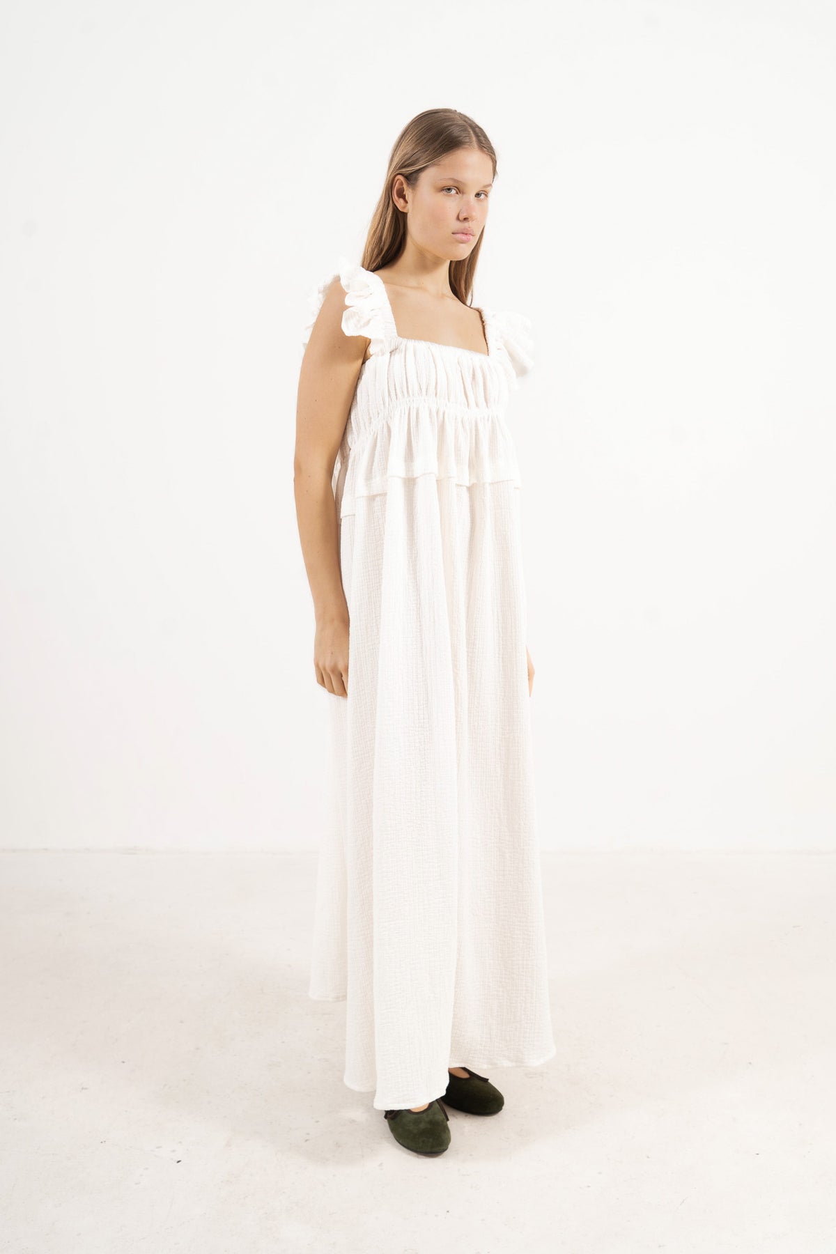 The Poème Chloe Dress in a romantic, minimalist silhouette crafted from fine organic cotton, front lookbook view.