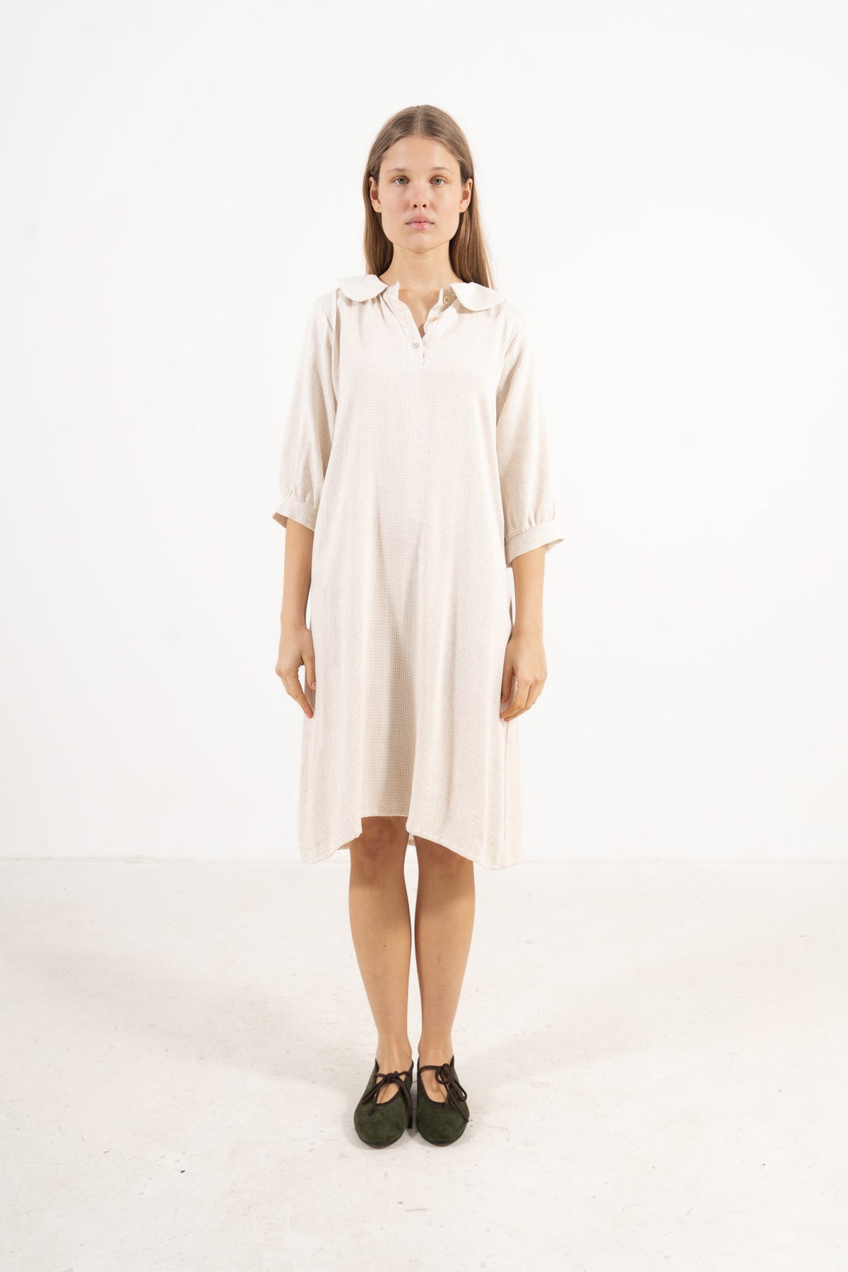 The Mielle Sleeve Dress from the POÈME La Nuit collection by MOCHA, highlighting a clean silhouette and feather-light cotton weave in a front lookbook view.