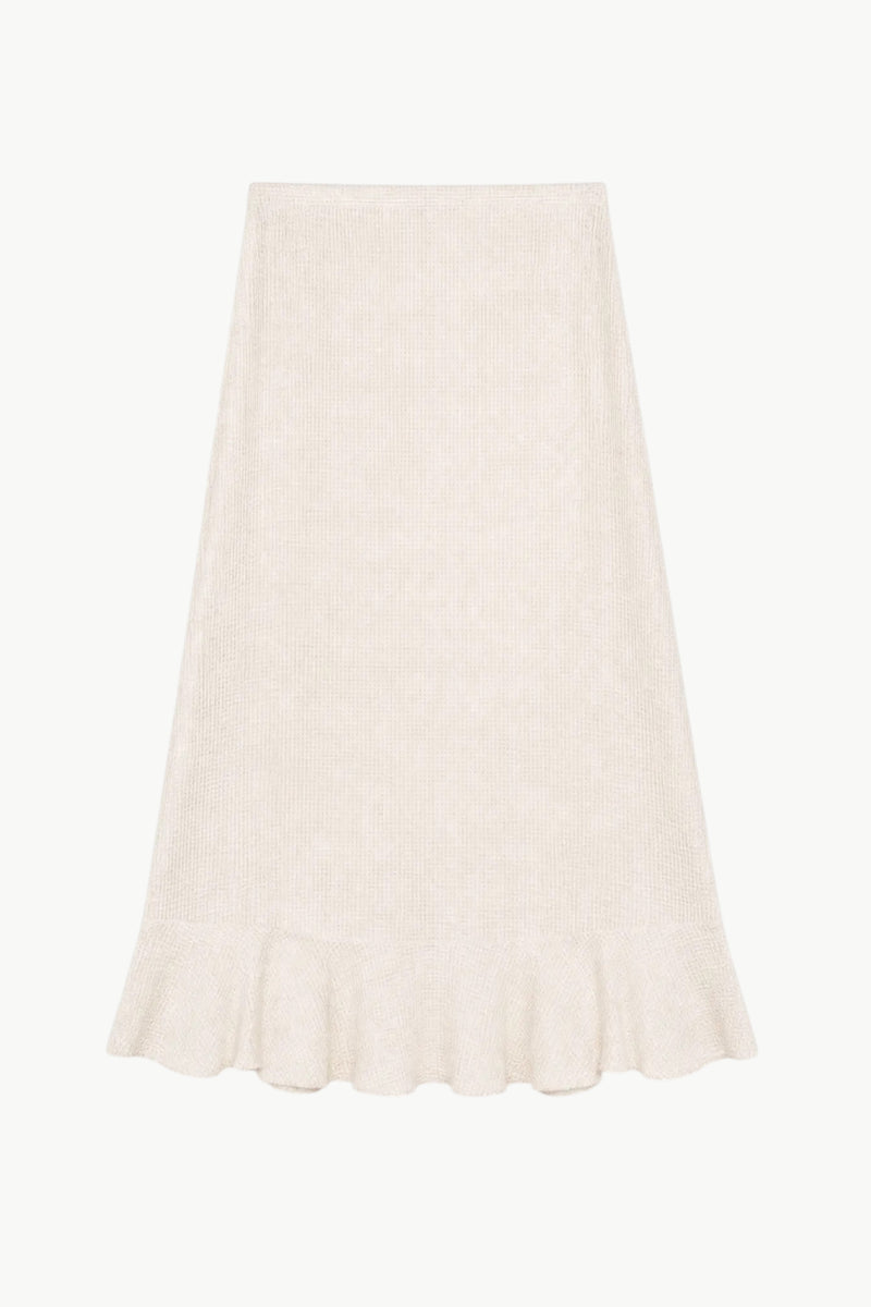 Detailed close-up focusing on the premium 100% cotton weave and fine romantic ruffle tailoring on the MOCHA Mielle Skirt.