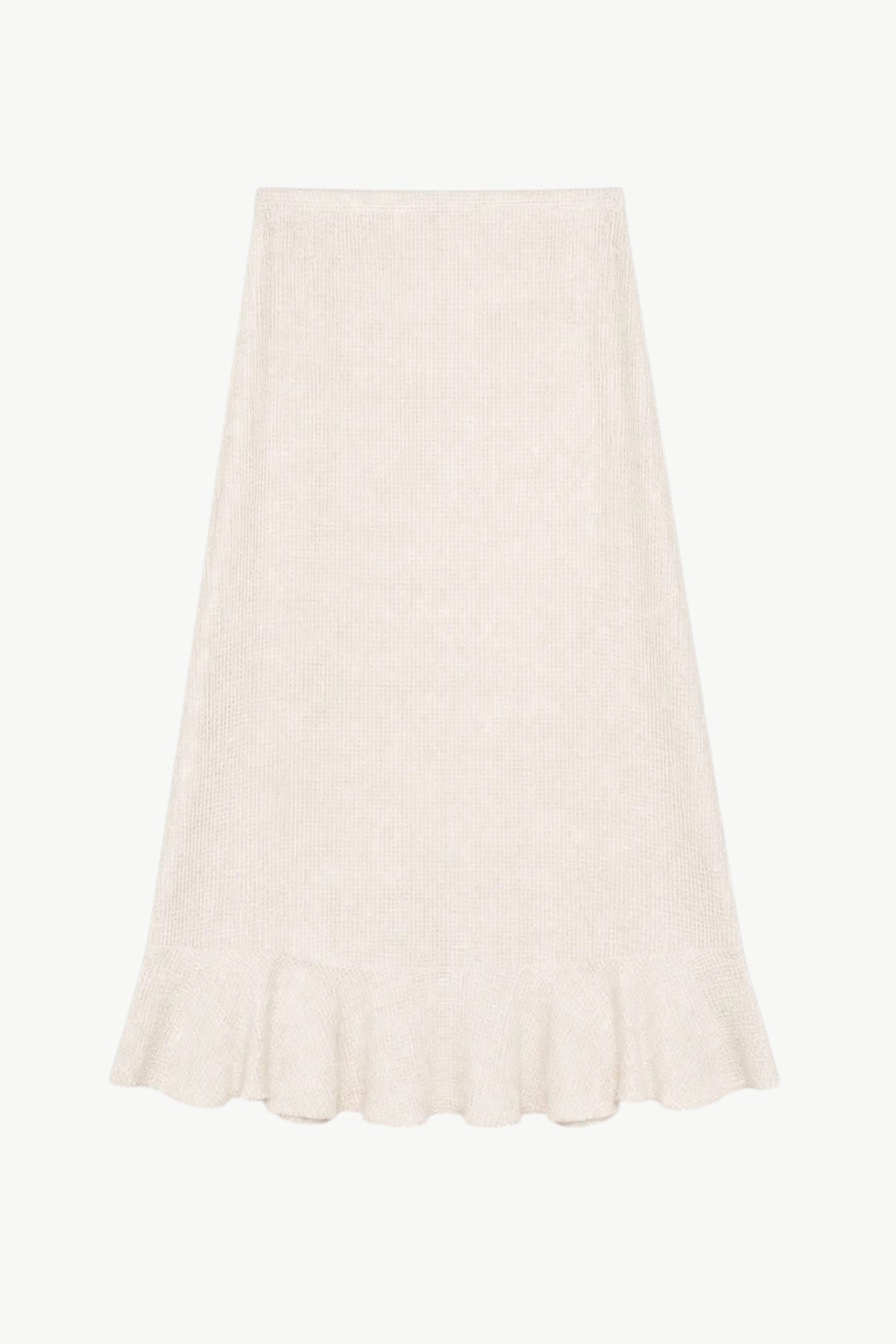 The Mielle Skirt from the POÈME Le Souffle collection by MOCHA, highlighting a long flowing silhouette and delicate ruffles in a front lookbook shot